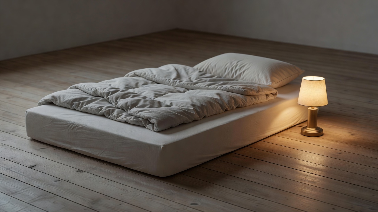 Made-up mattress on a bare wooden floor with a small lamp glowing beside it