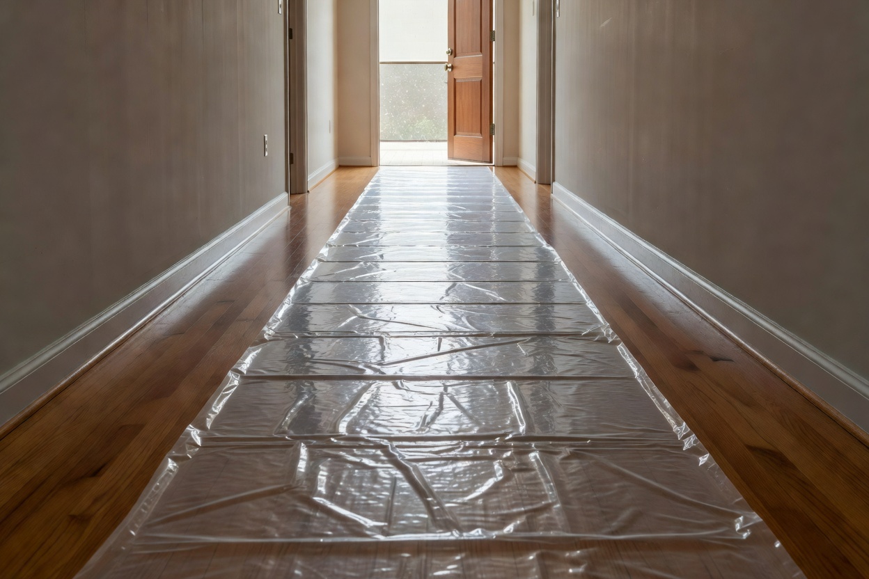 Protective floor runner laid along a hallway toward an open front door