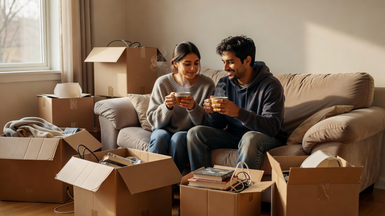 Two friends sharing tea on a sofa surrounded by half-unpacked boxes