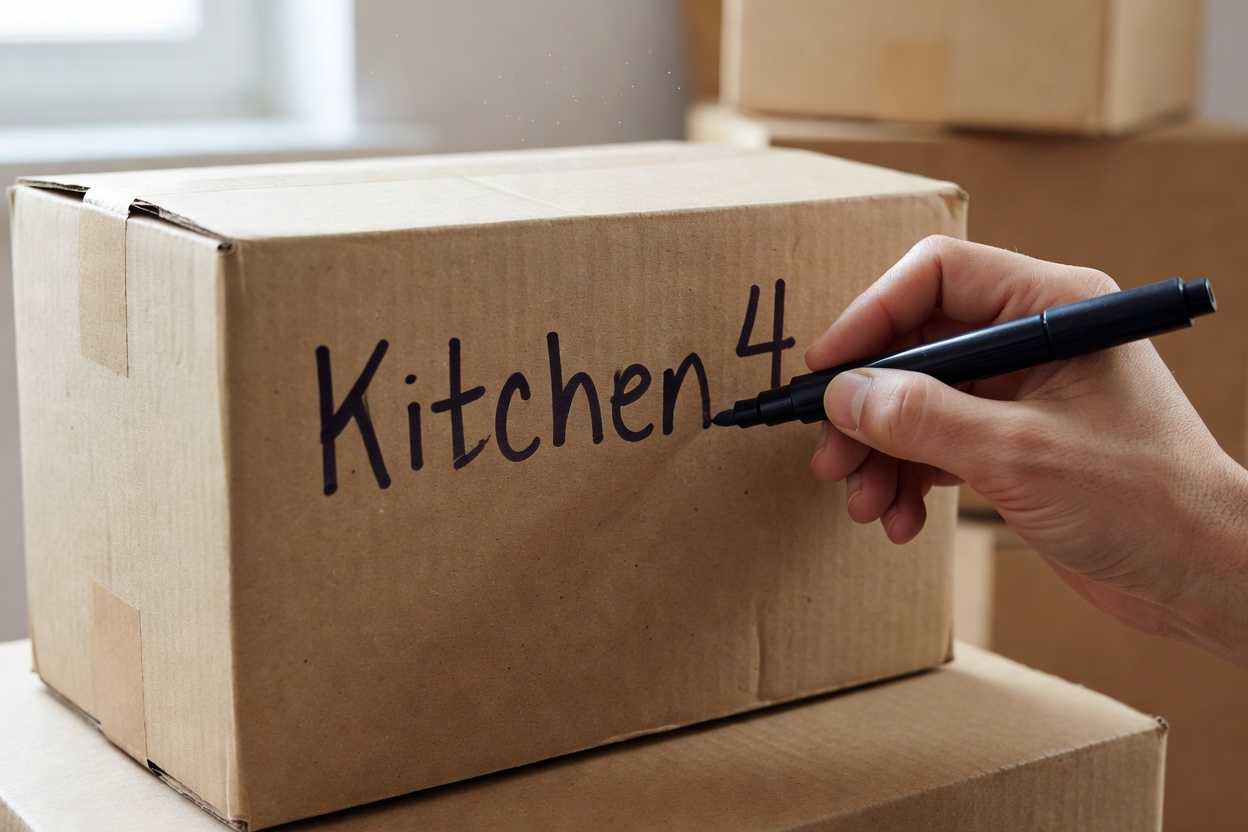 Close view of a hand writing Kitchen 4 on the side of a moving box