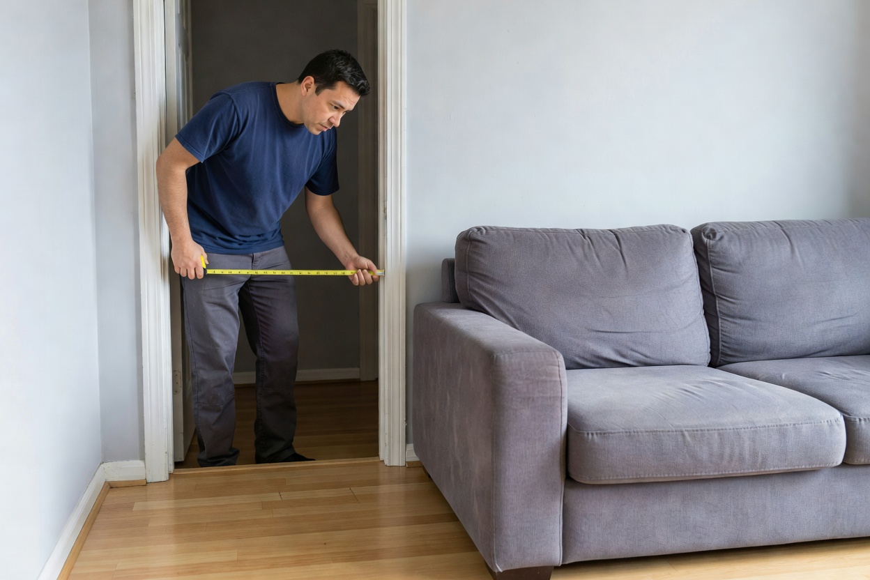 Person measuring a narrow doorway with a tape measure next to a grey sofa