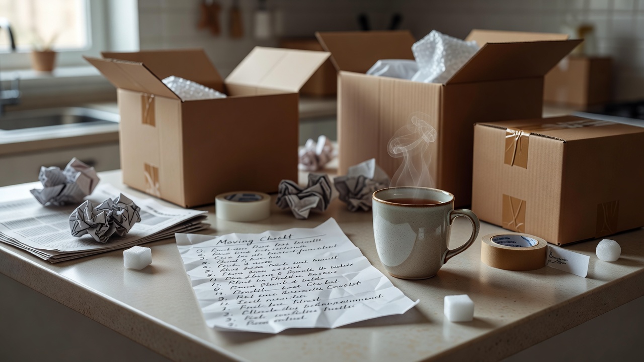 Handwritten moving checklist and a mug of tea on a kitchen counter among boxes