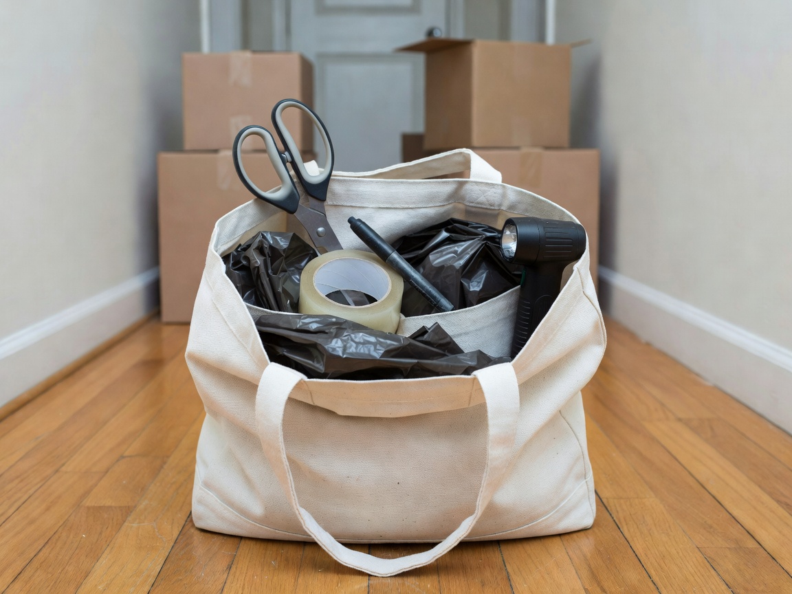 Open tote bag holding scissors, tape, a marker, bin bags and a torch on a hallway floor