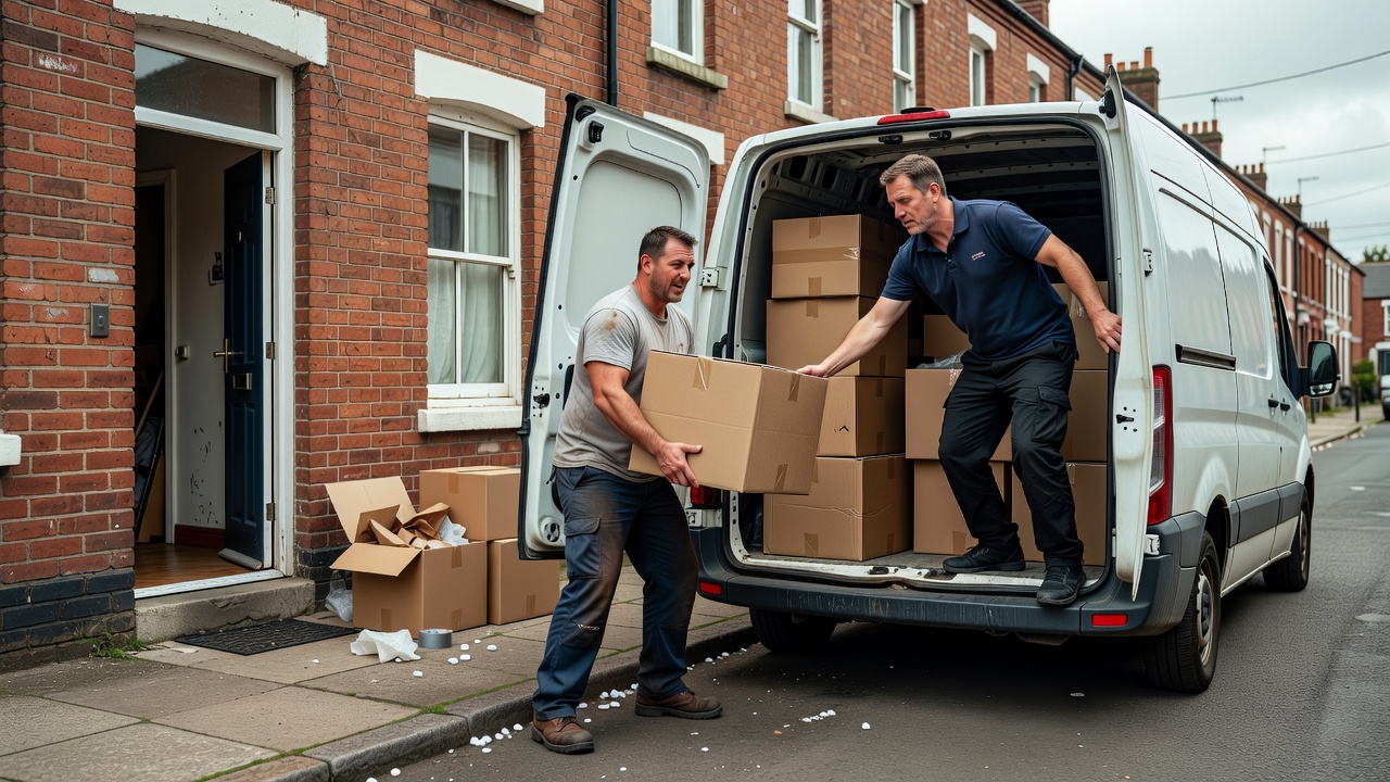 Two movers loading boxes into an open van parked outside a terraced house