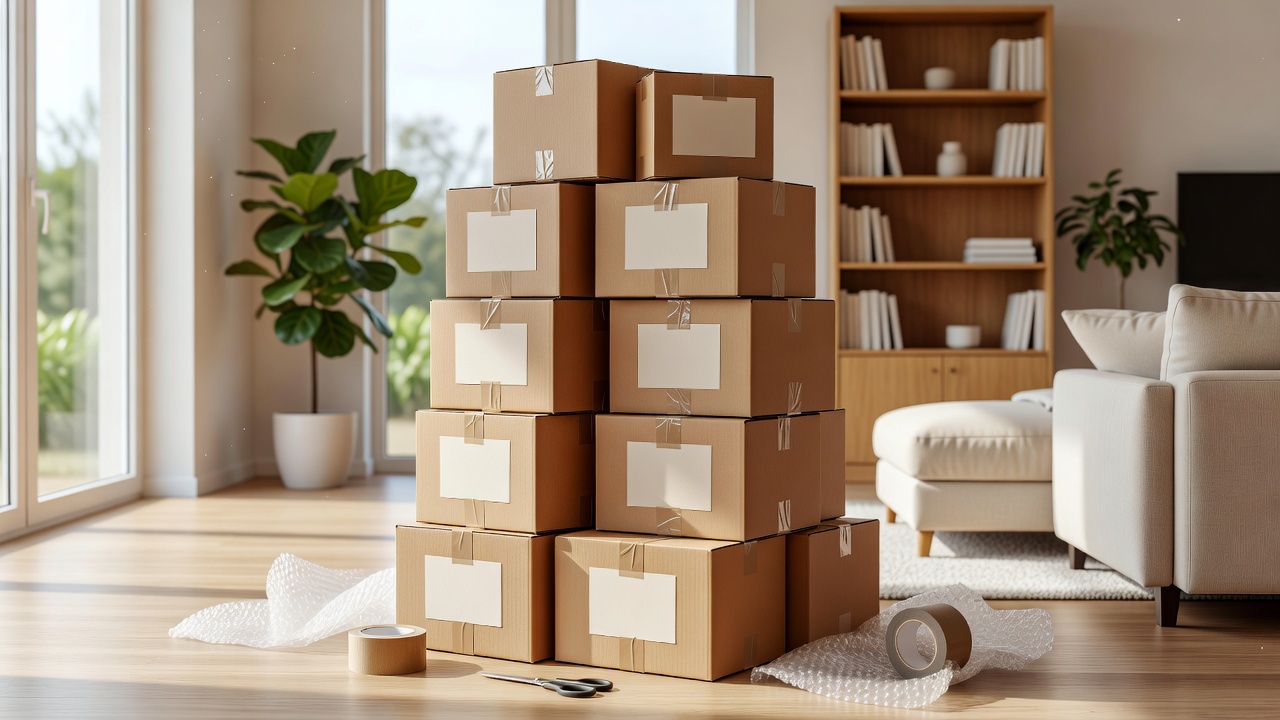 Neat stack of taped cardboard boxes with labels in a bright living room