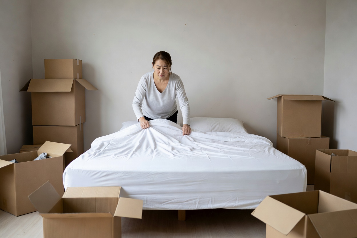 Parent making up a bed with white sheets in an empty bedroom surrounded by boxes