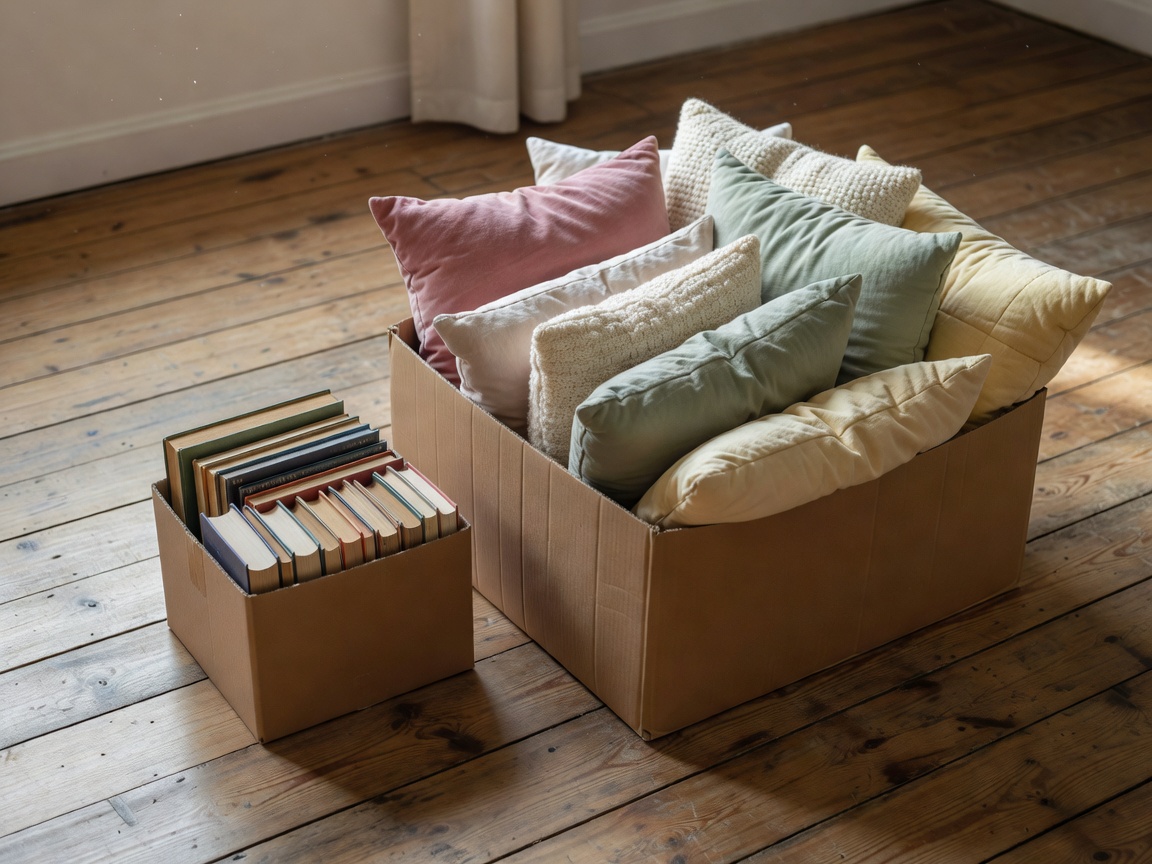 A small box of books beside a large box of cushions on a wooden floor