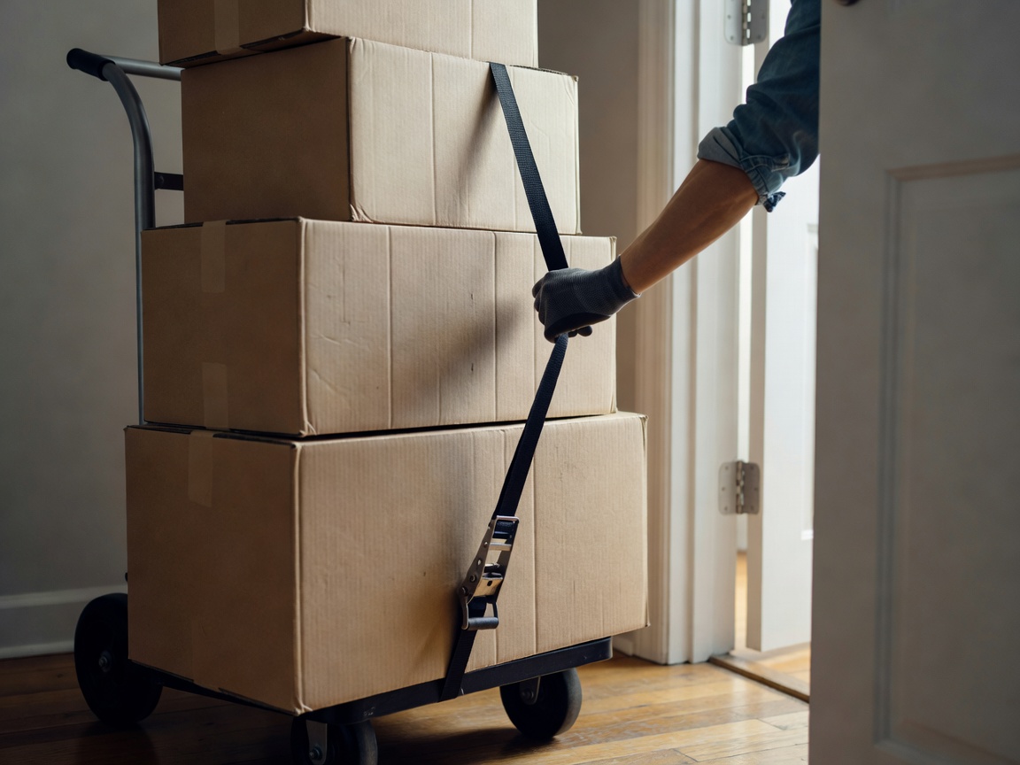 Several moving boxes held on a hand truck by a ratchet strap beside a doorway