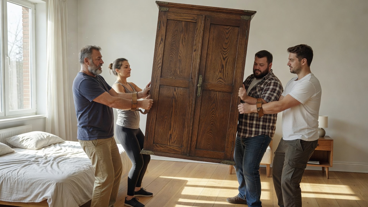 Two people lifting a wooden wardrobe with forearm straps in a bright bedroom