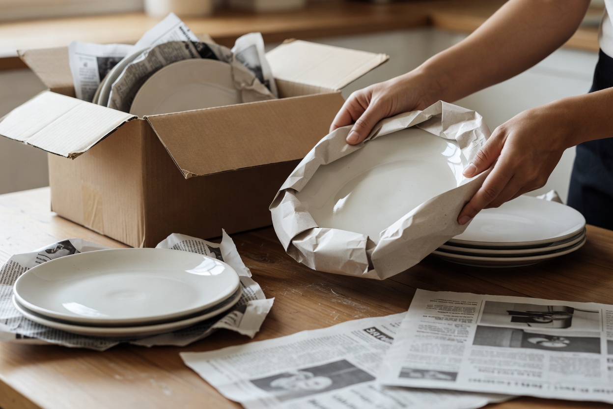 Hands wrapping a ceramic plate in plain packing paper beside a half-filled box