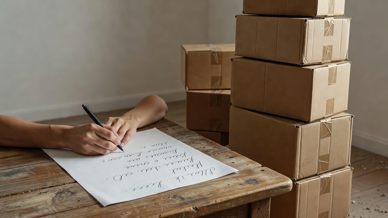 Person writing a note at a wooden table beside a stack of moving boxes